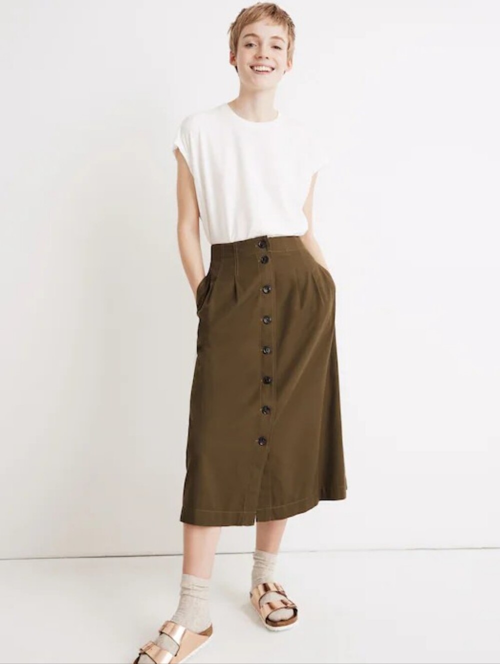 High-Waist Olive Button-Front Midi Skirt